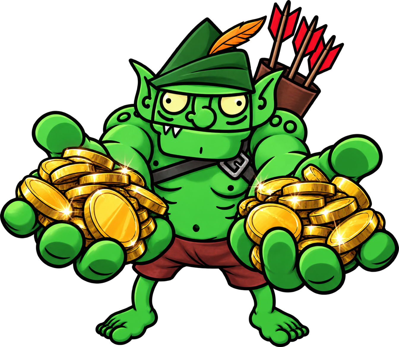 Cartoon green goblin holding piles of gold coins
